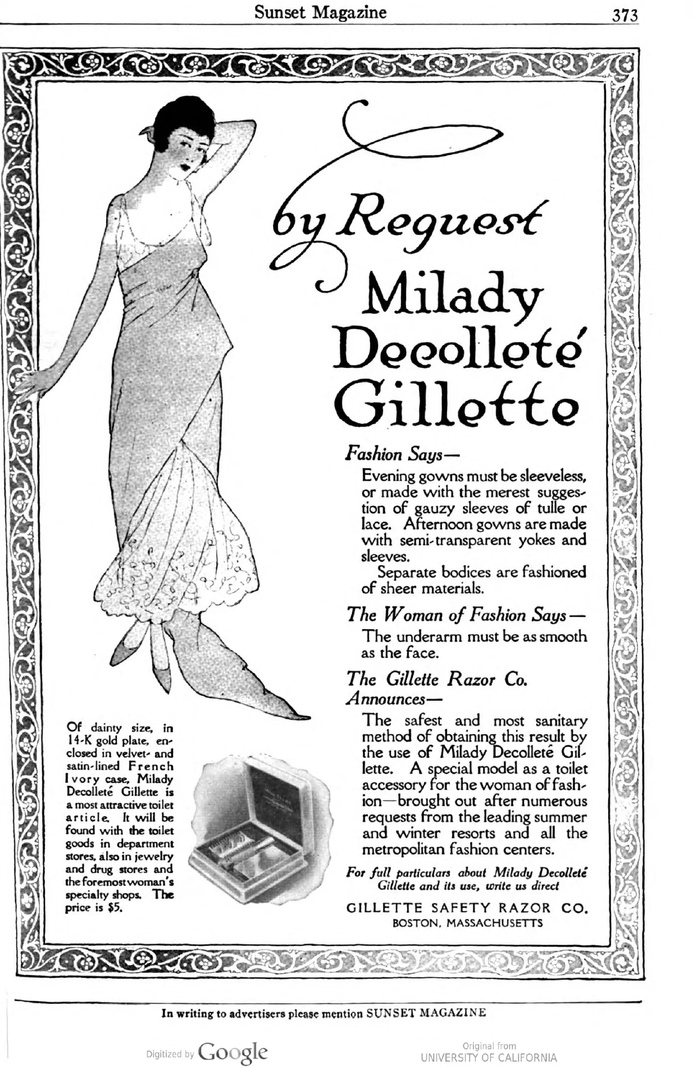1915 年 Gillette Milady Decolleté 女用刮刀廣告
